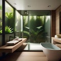 A tropical paradise-themed bathroom with a glass-enclosed shower, lush greenery, and a wooden vanity4