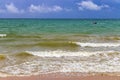 Tropical paradise turquoise water beach and limestone rocks Krabi Thailand