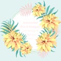 Tropical Paradise vector floral card. Summerl template design with palm leaves and exotic yellow flowers Royalty Free Stock Photo