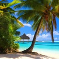 438 Tropical Paradise: A vibrant and tropical background featuring a paradise beach with palm trees and clear blue water in vivi Royalty Free Stock Photo