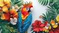 Regal Macaw Parrot with Crown Amidst Tropical Flowers and Leaves Royalty Free Stock Photo