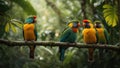 Tropical parrots sitting on a tree branch in the rainforest