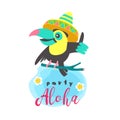 Hello summer. Aloha. Cute funny cartoon Toucan. Tropical paradise. Vector illustration. Royalty Free Stock Photo