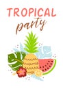 Tropical party banner with pineapple watermelon lemon tropic leaves. Cute beach composition Summer party poster