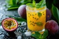 Tropical passion fruit cocktail or juice on dark background. Generative AI Royalty Free Stock Photo