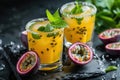 Tropical passion fruit cocktail or juice on dark background. Generative AI Royalty Free Stock Photo