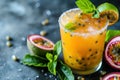 Tropical passion fruit cocktail or juice on dark background. Generative AI Royalty Free Stock Photo