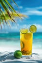 Tropical passion fruit, orange juice or cocktail on sand beach under palm shadow. Generative AI Royalty Free Stock Photo