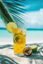 Tropical passion fruit, orange juice or cocktail on sand beach under palm shadow. Generative AI Royalty Free Stock Photo