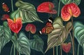 Tropical pattern background of anthurium flowers, red flower with leaves, plants with butterflies on dark blue background Royalty Free Stock Photo