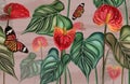 Tropical pattern background of anthurium flowers, red flower with leaves, plants with butterflies on pink background Royalty Free Stock Photo