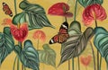 Tropical pattern background of anthurium flowers, red flower with leaves, plants with butterflies on yellow background Royalty Free Stock Photo