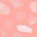 Tropical pattern with banana foliage, palm tree leaf and hibiscus. Hand drawn texture with leaves and flowers. Royalty Free Stock Photo