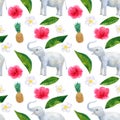 Tropical pattern with beautiful pink red flowers hibiscus and white frangipani or plumeria and pineapple and elephant Royalty Free Stock Photo