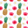 Tropical pattern with beautiful pink red flowers hibiscus and white frangipani or plumeria and pineapple. Seamless Royalty Free Stock Photo