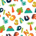 Tropical pattern with cartoon elements and the inscription dinosaurs. Children's bright leaves, trees, palm trees