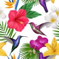 Tropical pattern. Colibri with exotic flowers flying little hummingbirds botanical vector beautiful seamless background