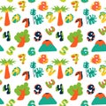 Tropical pattern with cartoon elements and dino numbers. Children's bright leaves, trees, palm trees, volcanoes and