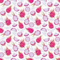 Seamless pattern with dragon fruits pitaya.