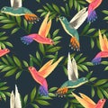 Seamless tropical pattern with hummingbirds and palm leaves