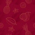 Tropical pattern with fruits and palm leaves. Seamless vector pattern with tropical palm leaves and doodle fruits