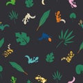 Tropical pattern with leaves and colorful lizards. Exotic seamless jungle pattern with leopard geckos. Vector illustration for