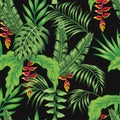 Tropical pattern leaves flowers seamless black background Royalty Free Stock Photo