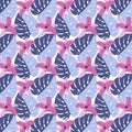 Tropical pattern, monstera leaf and orchid, pink lily, on a white background, seamless. Royalty Free Stock Photo