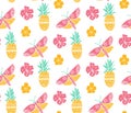 Tropical pattern with pineapple, flowers and butterfly. Pink, yellow and mint colors, diagonal direction. Summer textile