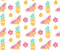 Tropical pattern with pineapple, flowers and butterfly. Pink, yellow and mint colors, diagonal direction. Summer textile