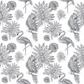 Tropical pattern tropical with parrots and flamingos on a branch tropical pattern and leaves