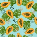 Tropical pattern with watercolor papaya and palm leaves.