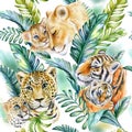 Tropical pattern with wild animals. Tropical green leaves isolated on a white background. Jungle botanical watercolor Royalty Free Stock Photo