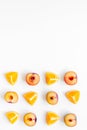 tropical peach and orange fruits for fresh juice white background top view space for text