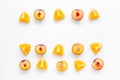 Tropical peach and orange fruits for fresh juice white background top view space for text