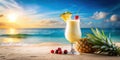 Tropical pi?a colada on sandy beach at sunset. Generative AI Royalty Free Stock Photo