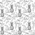 Tropical pineapple and avocado fruits, seamless monochrome pattern on white background