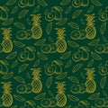 Tropical pineapple and avocado fruits, seamless monochrome yellow pattern on dark green background