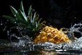 Tropical pineapple engulfed in a dynamic water splash. Healthy food concept