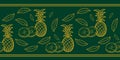 Tropical pineapple fruit, seamless border, edge, monochrome yellow pattern on a dark green background Royalty Free Stock Photo