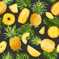 Tropical Pineapple Palm Leaves Vector Background, Exotic Fruit Seamless Texture, Tropic Jungle Pattern