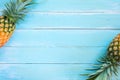 Tropical pineapple on wood plank blue color.