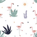 Tropical pink flamingo birds and plants, sun, seamless pattern. Repeating print, endless background design in Royalty Free Stock Photo