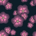 Tropical pink flower, imitation embroidery, on dark blue background, seamless pattern