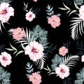 Tropical pink hibiscus flowers with blue herbs seamless pattern. Royalty Free Stock Photo