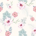 Tropical pink hibiscus flowers with blue herbs seamless pattern. Watercolor style floral background Royalty Free Stock Photo