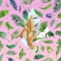 Tropical pink illustrations with geometric gold elements, watercolor palms, grey marble texture and collage effects for music cove