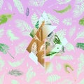 Tropical pink illustrations with geometric gold elements, watercolor palms, grey marble texture and collage effects for music cove