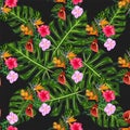 Tropical pink orchid flowers, monstera, banana palm leaves seamless pattern. Jungle foliage illustration. Exotic Royalty Free Stock Photo