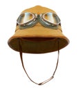 Tropical pith helmet with goggles.